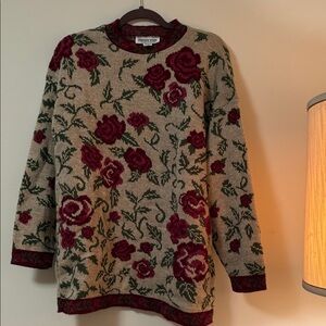 Elegant Floral Knit Sweater - Burgundy and Olive
